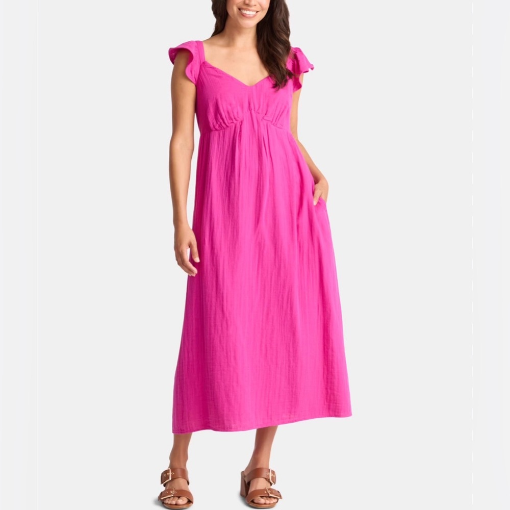 Time and Tru Women's Cotton hot pink Midi Dress with Flutter Sleeves, size small